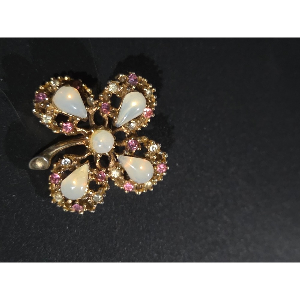 Unbranded Clover Brooch Gold Faux Opal Pink Rhinestone Lucky Vintage Pin